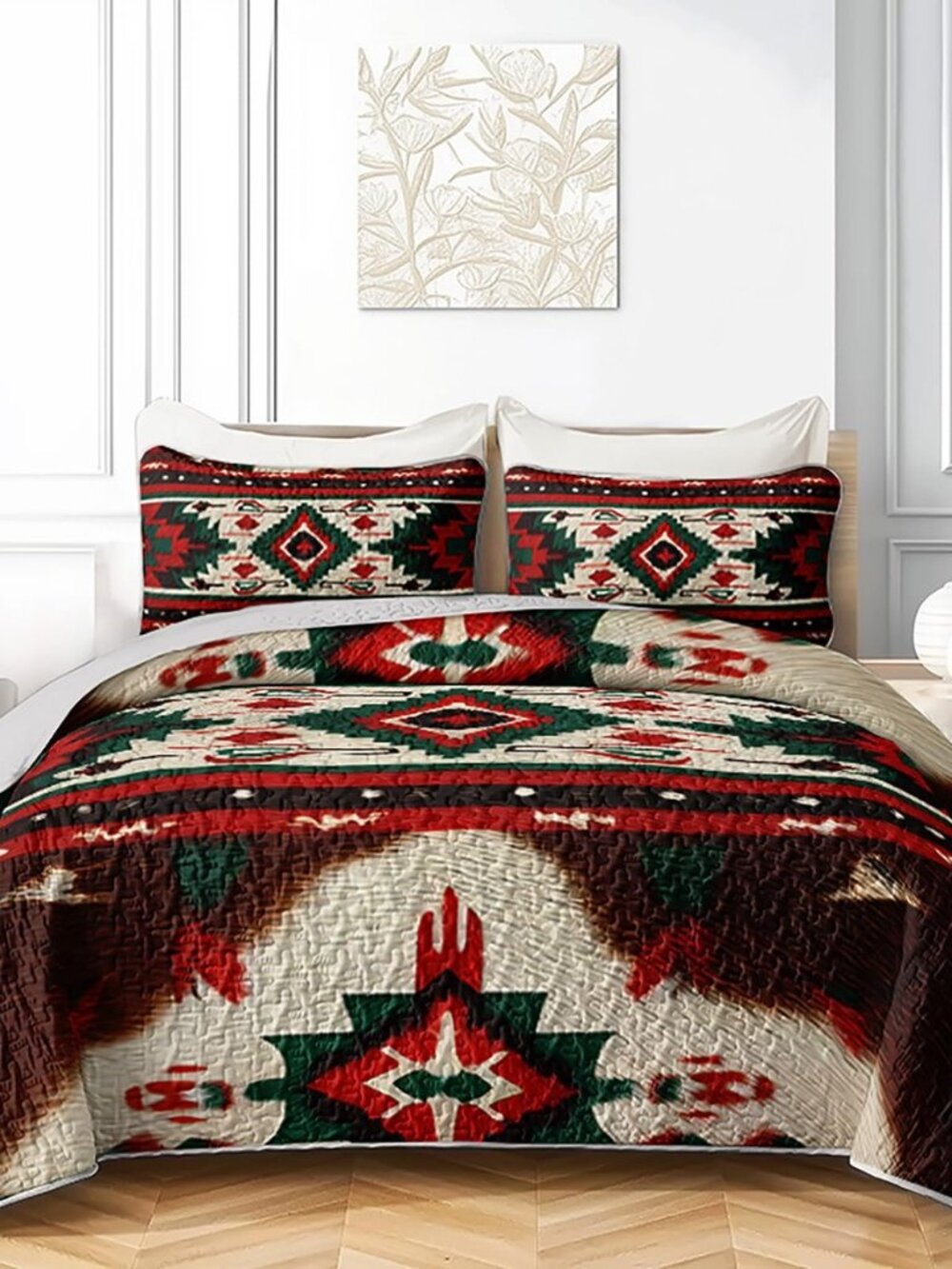 Aztec Geometric King Quilt Bedding 3-Piece - Western Cowhide & Native American
